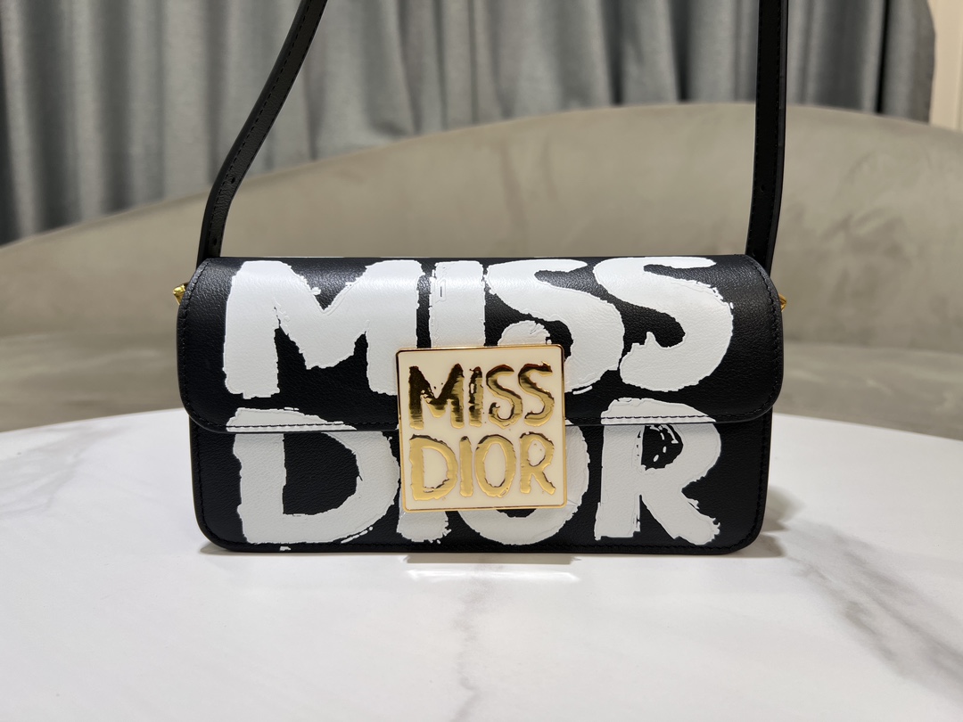 Miss Dior Flap Bag Black and White Miss Dior Graffiti Printed Calfskin